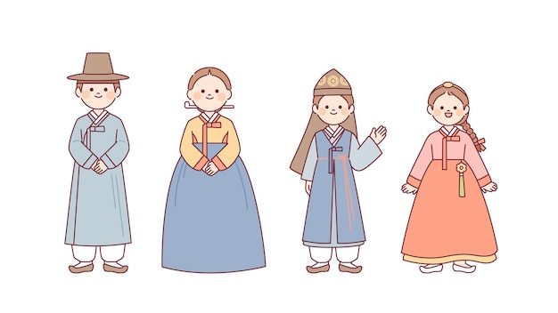 Costumes of the old nation of Korea Joseon Hanbok for men and women and Hanbok for children outline simple vector illustration