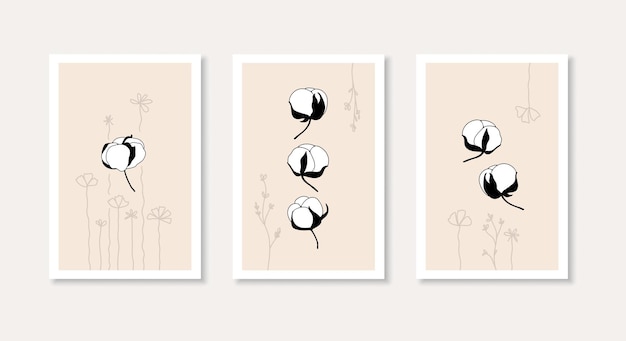 Cotton flowers and abstract plants wall art set. Minimalist elegant design for poster, postcard