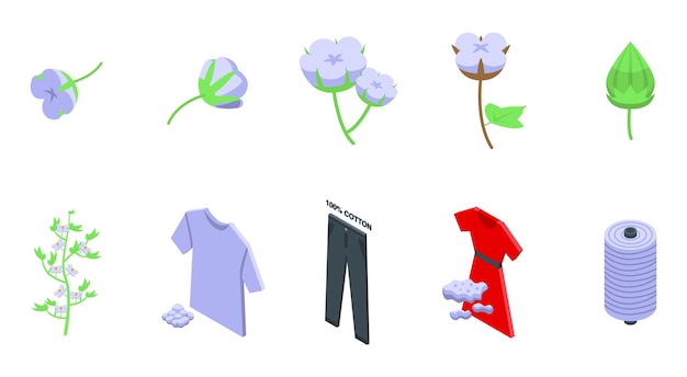 Cotton icons set isometric vector Fabric flower