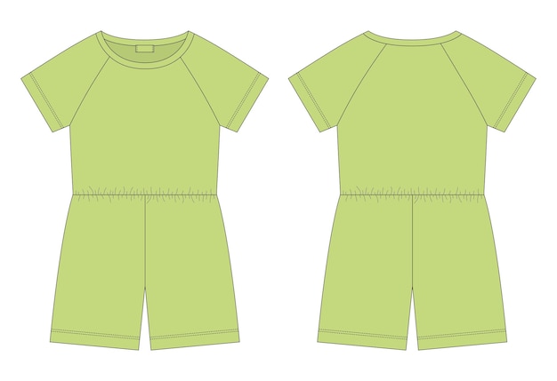 Cotton oversized raglan jumpsuit technical sketch Light green color Women's romper design template