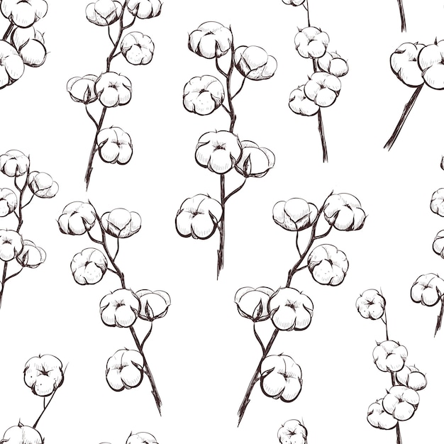 Cotton Plant seamless pattern Sprigs of cotton vector illustration