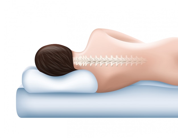 Cotton Surface. Orthopedic Pillow. Healthy Sleep. Woman with Even Spine Lying on Pillow. Sleep on Pillow.