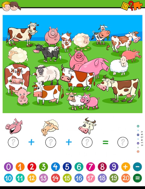 Count and Add Game for Kids with Farm Animals