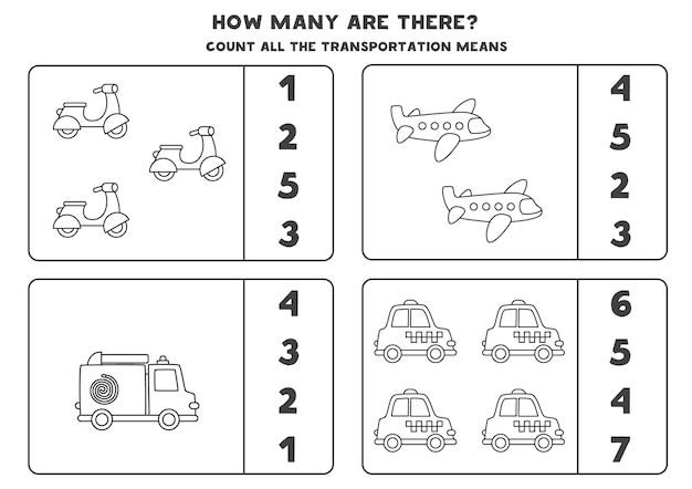 Count all black and white transport and circle the correct answers. Math game for kids.