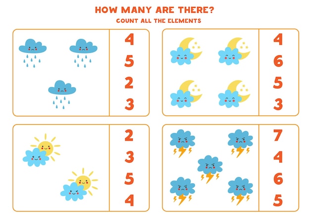 Count all cute clouds and circle the correct answers. Math game for kids.