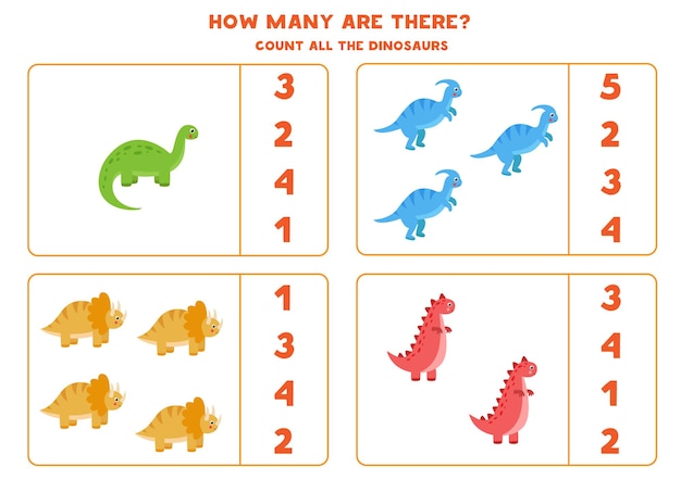 Count all dinosaurs and circle the correct answer. Educational math game for kids.