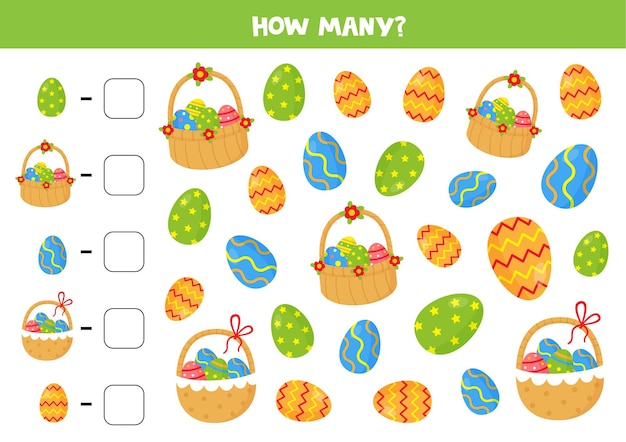 Count all Easter eggs and Easter baskets and write the correct answers