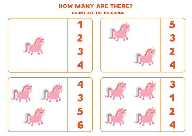 Count all unicorns and circle the right answer. Math game for preschool kids.