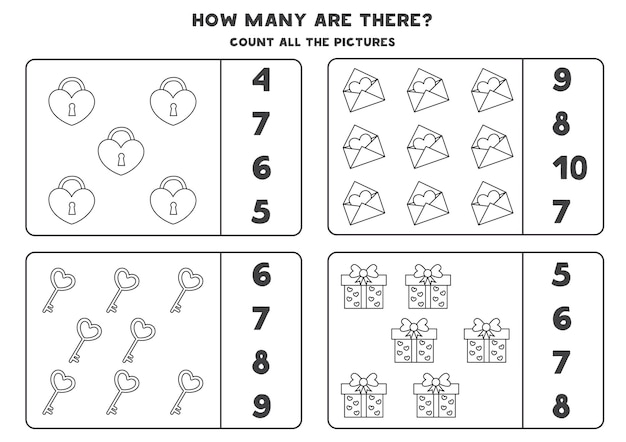 Count all valentine elements and circle the correct answers. Black and white worksheet.