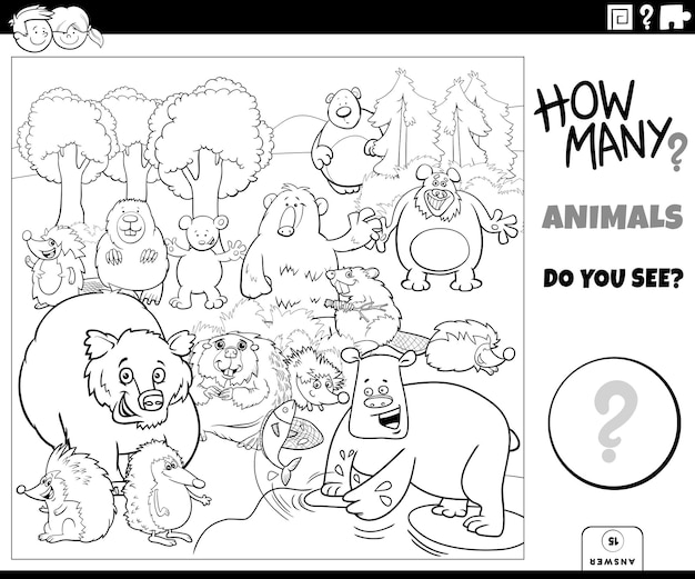 Count cartoon animals educational game coloring page