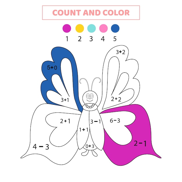 Count and color cute cartoon butterfly. Math game for kids. Worksheet for kids.