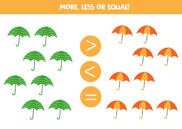 Count colorful umbrellas and compare more, less or equal