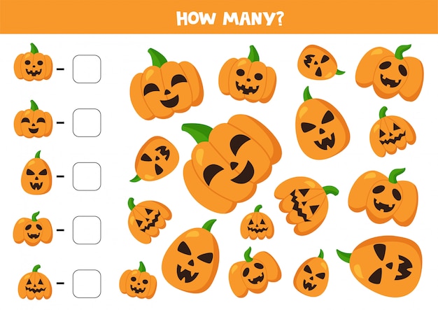 Count Halloween pumpkins and write down answers.