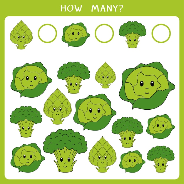 Count how many broccoli cabbage and artichoke and write the result