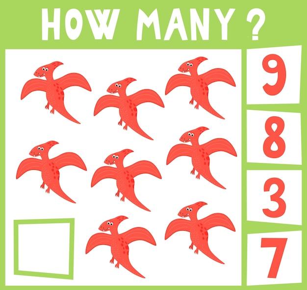 Count how many dinosaurs Mini math game how many for preschoolers and kindergarten Cartoon Vector Illustration of Education Counting Game for Preschool Children Eight objects