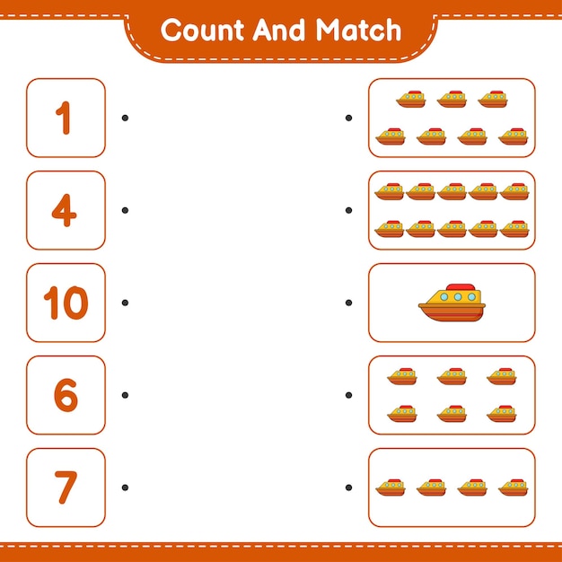 Count and match, count the number of Boat and match with the right numbers. Educational children game, printable worksheet, vector illustration