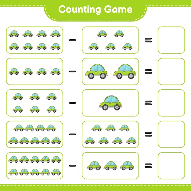 Count and match, count the number of Car and match with the right numbers. Educational children game, printable worksheet, vector illustration