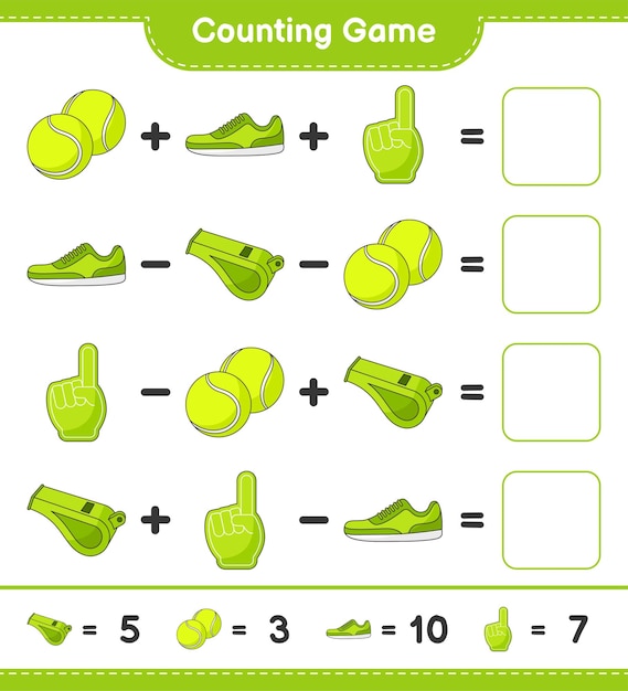 Count and match count the number of Foam Finger Whistle Tennis Ball Sneaker and match with the right numbers Educational children game printable worksheet vector illustration