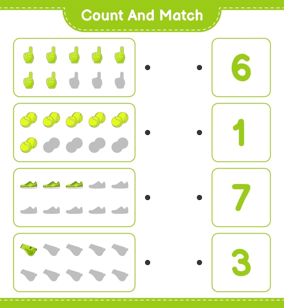 Count and match count the number of Foam Finger Whistle Tennis Ball Sneaker and match with the right numbers Educational children game printable worksheet vector illustration