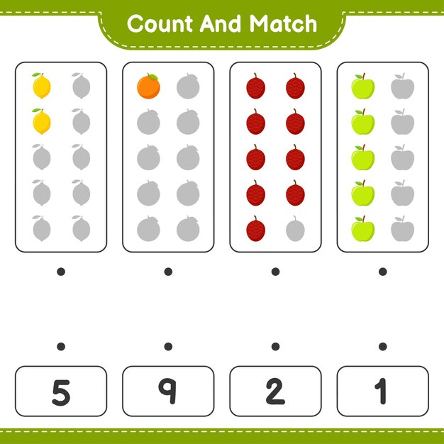 Count and match, count the number of Fruits and match with right numbers. Educational children game, printable worksheet 