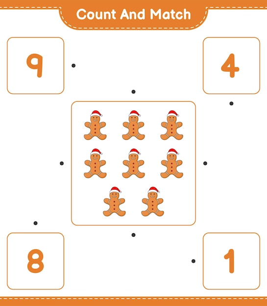 Count and match count the number of Gingerbread Man and match with the right numbers Educational children game printable worksheet vector illustration