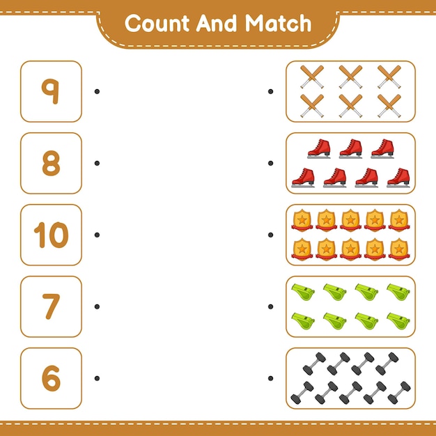 Count and match count the number of Ice Skates Whistle Dumbbell Baseball Bat Trophy and match with the right numbers Educational children game printable worksheet vector illustration