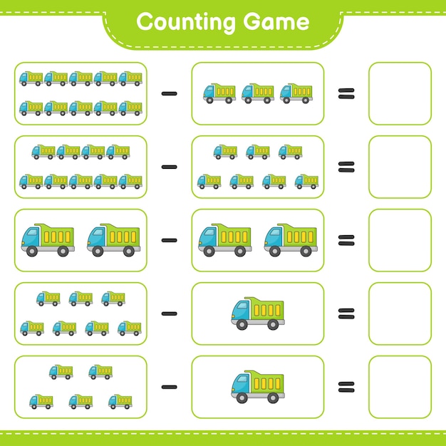 Count and match, count the number of Lorry and match with the right numbers. Educational children game, printable worksheet, vector illustration