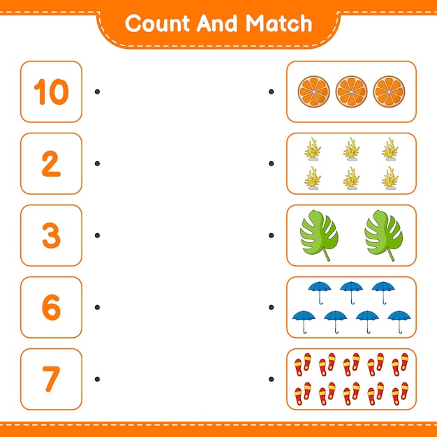 Count and match, count the number of Orange, Coral, Monstera, Umbrella, Flip Flop and match with the right numbers. Educational children game, printable worksheet, vector illustration