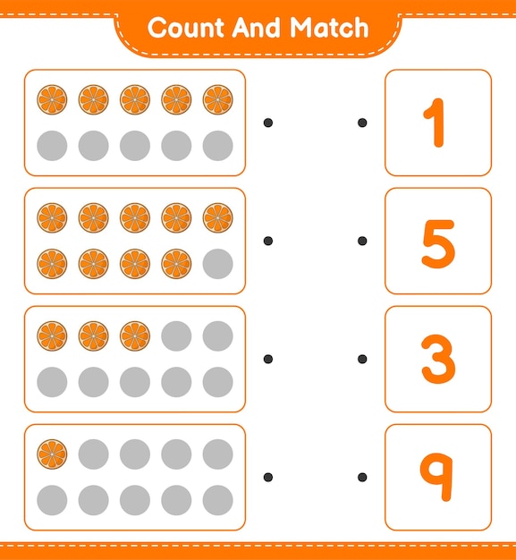 Count and match, count the number of Orange and match with the right numbers. Educational children game, printable worksheet, vector illustration