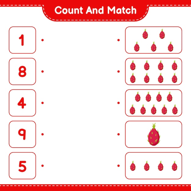 Count and match, count the number of Pitaya and match with right numbers. Educational children game, printable worksheet 