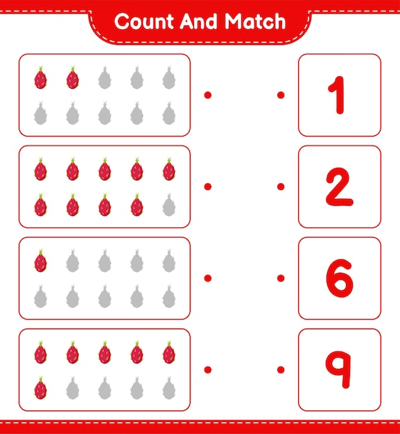 Count and match, count the number of Pitaya and match with right numbers. Educational children game, printable worksheet.