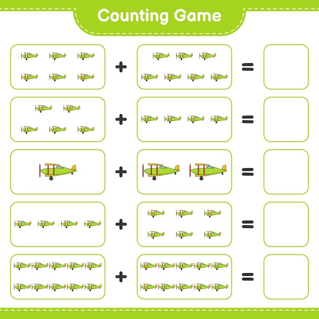 Count and match, count the number of Plane and match with the right numbers. Educational children game, printable worksheet, vector illustration