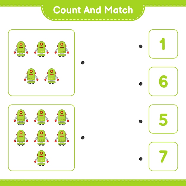 Count and match count the number of Robot Character and match with the right numbers