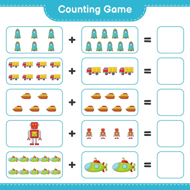 Count and match, count the number of Robot Character, Submarine, Rocket, Lorry, Boat and match with the right numbers. Educational children game, printable worksheet, vector illustration