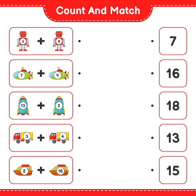 Count and match count the number of Robot Character Submarine Rocket Lorry Boat