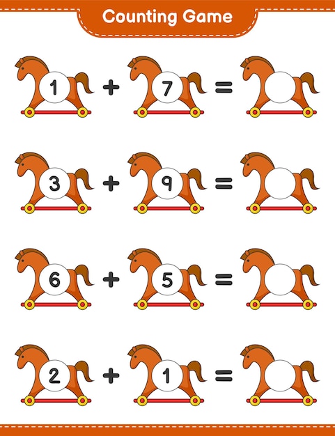 Count and match, count the number of Rocking Horse and match with the right numbers. Educational children game, printable worksheet, vector illustration