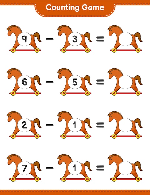 Count and match, count the number of Rocking Horse and match with the right numbers. Educational children game, printable worksheet, vector illustration