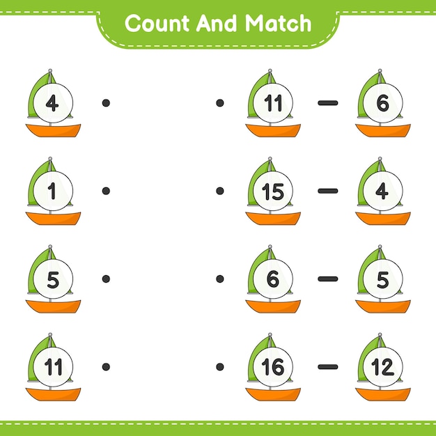 Count and match, count the number of Sailboat and match with the right numbers. Educational children game, printable worksheet, vector illustration