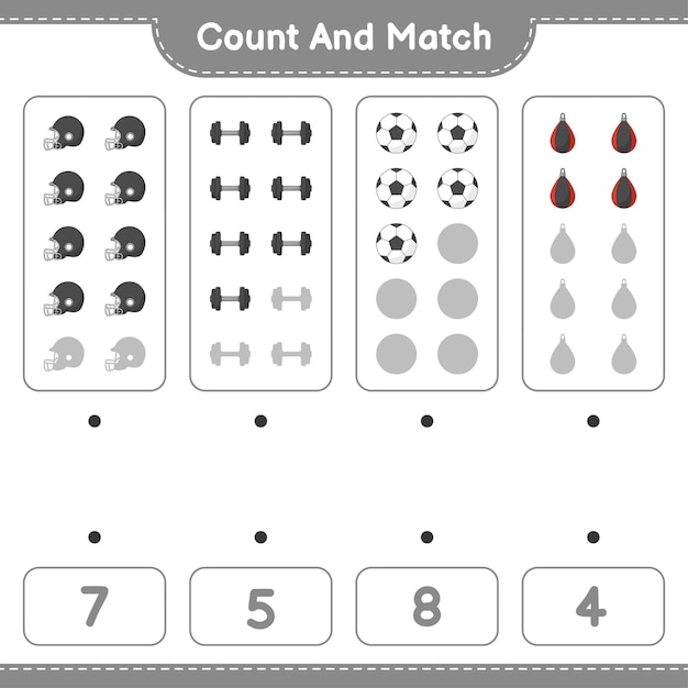 Count and match count the number of Soccer Ball Football Helmet Dumbbell Punching Bag and match with the right numbers Educational children game printable worksheet vector illustration