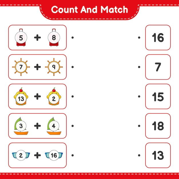 Count and match, count the number of Steering, Cup Cake, Sailboat, Sunglasses, Bag and match with the right numbers. Educational children game, printable worksheet, vector illustration