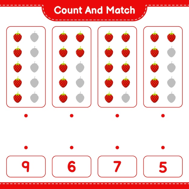 Count and match, count the number of Strawberry and match with right numbers. Educational children game, printable worksheet 