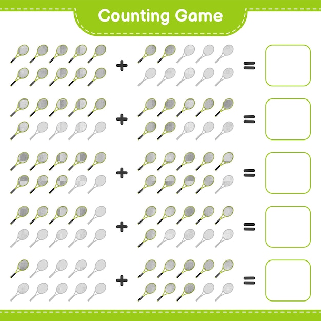 Count and match count the number of Tennis Racket and match with the right numbers Educational children game printable worksheet vector illustration