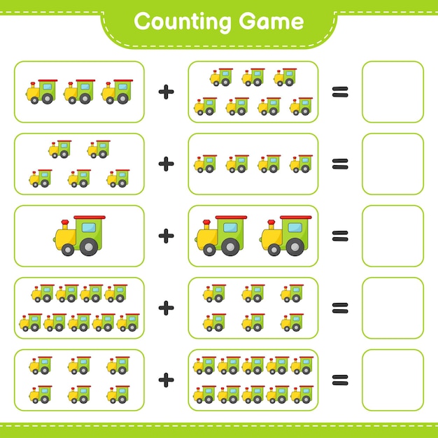 Count and match, count the number of Train and match with the right numbers. Educational children game, printable worksheet, vector illustration