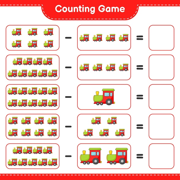 Count and match, count the number of Train and match with the right numbers. Educational children game, printable worksheet, vector illustration