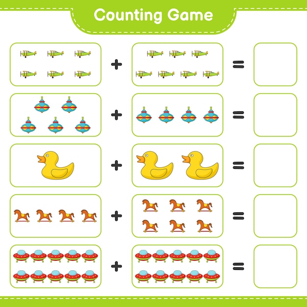 Count and match, count the number of Ufo, Plane, Whirligig Toy, Rubber Duck, Rocking Horse and match with the right numbers. Educational children game, printable worksheet, vector illustration