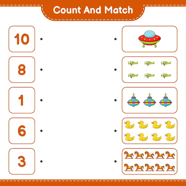 Count and match count the number of Ufo Plane Whirligig Toy Rubber Duck Rocking Horse