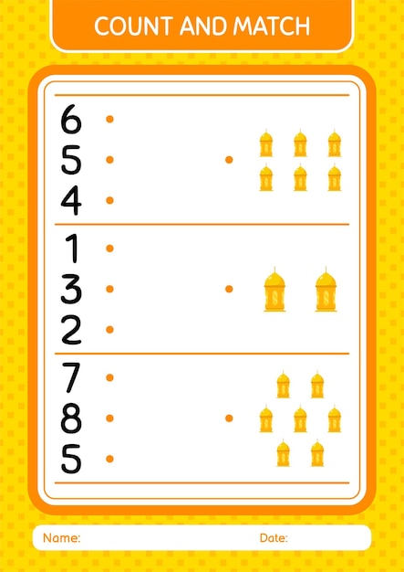 Count and match game with arabic lantern worksheet for preschool kids kids activity sheet