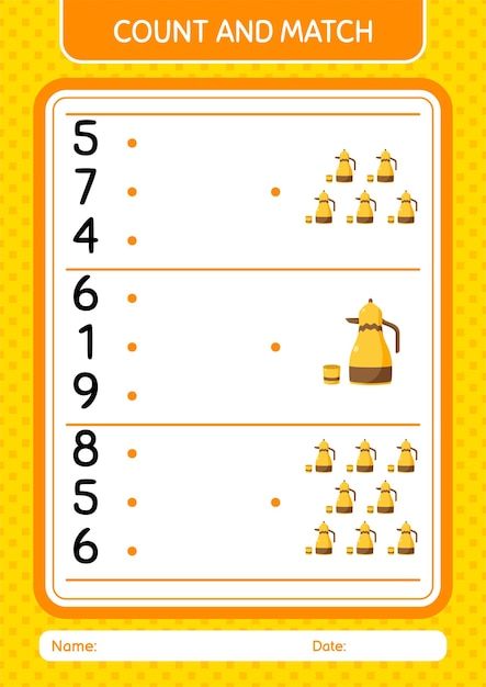 Count and match game with arabic teapot worksheet for preschool kids kids activity sheet