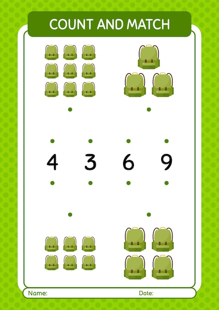 Count and match game with backpack worksheet for preschool kids kids activity sheet