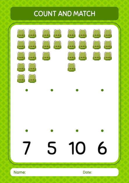 Count and match game with backpack worksheet for preschool kids kids activity sheet